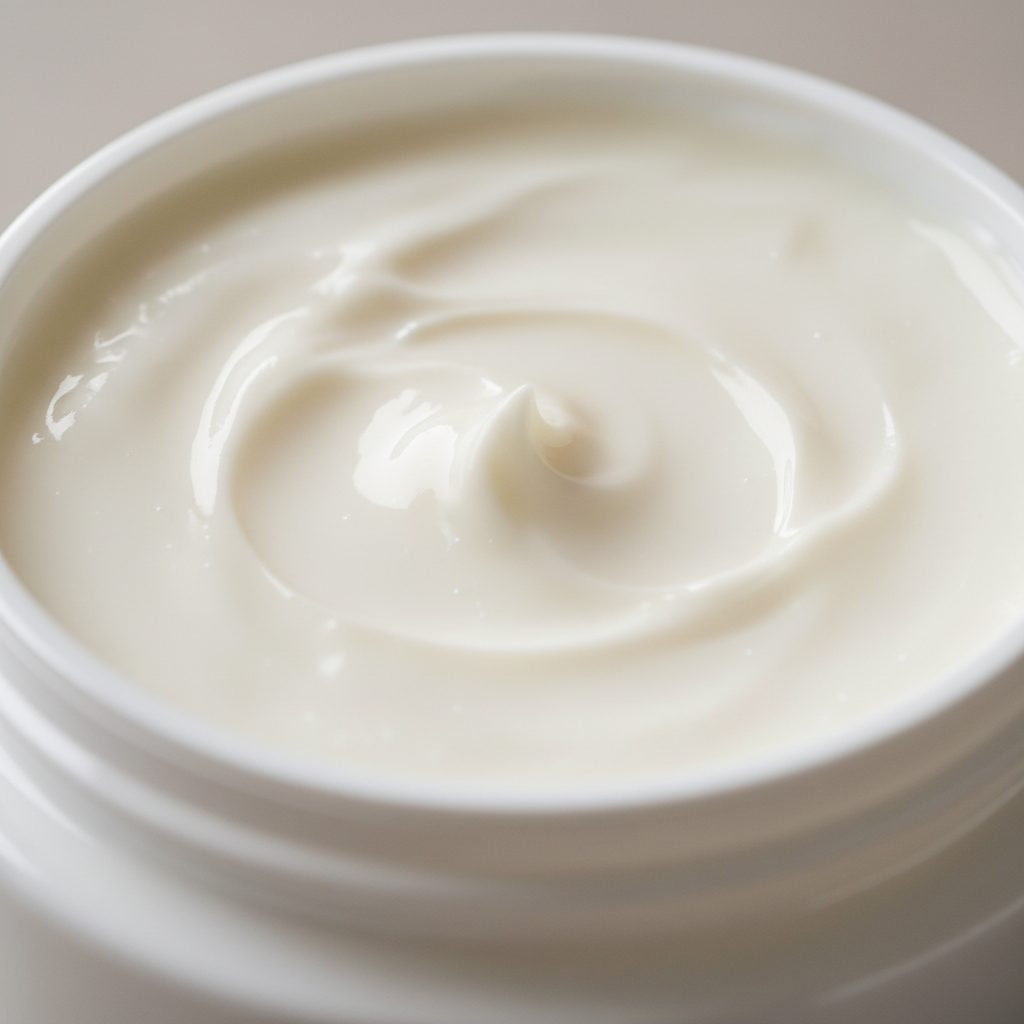 A close-up texture of a rich, white skincare cream, showing its smooth consistency and luxurious feel. firming retinol cream