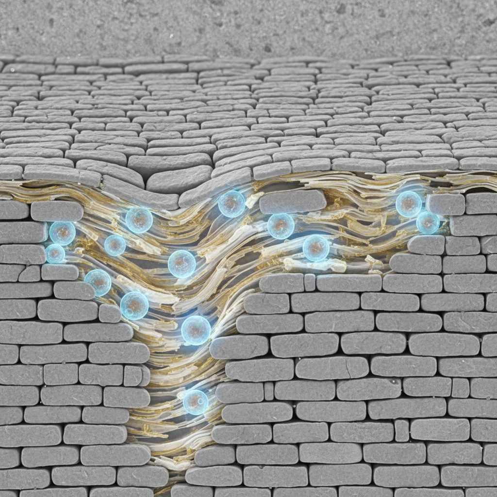 Illustration of an advanced peptide delivery system, showing how peptides are encapsulated for enhanced skin penetration.