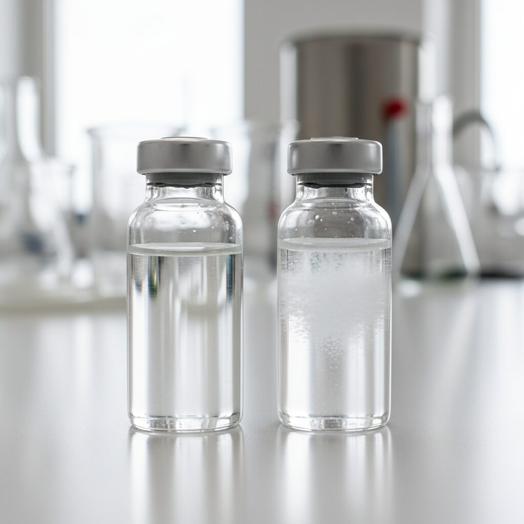 Vials illustrating the aggregation paradox in peptide development