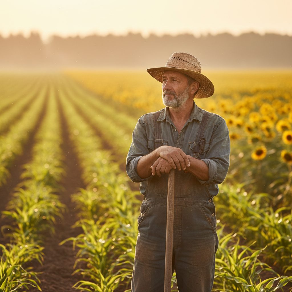 Agricultural worker contemplating, symbolizing regions affected by fungal keratitis.