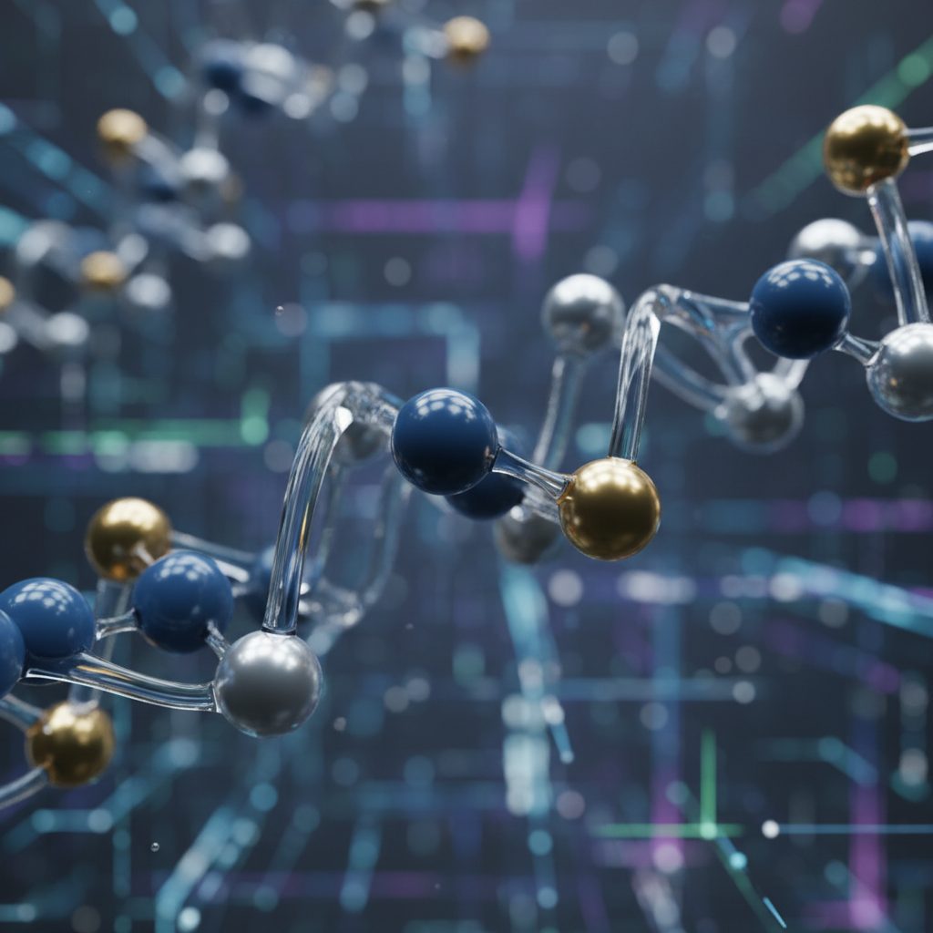 An AI-designed peptide molecule, possibly a spiral structure, representing a new antimicrobial agent.