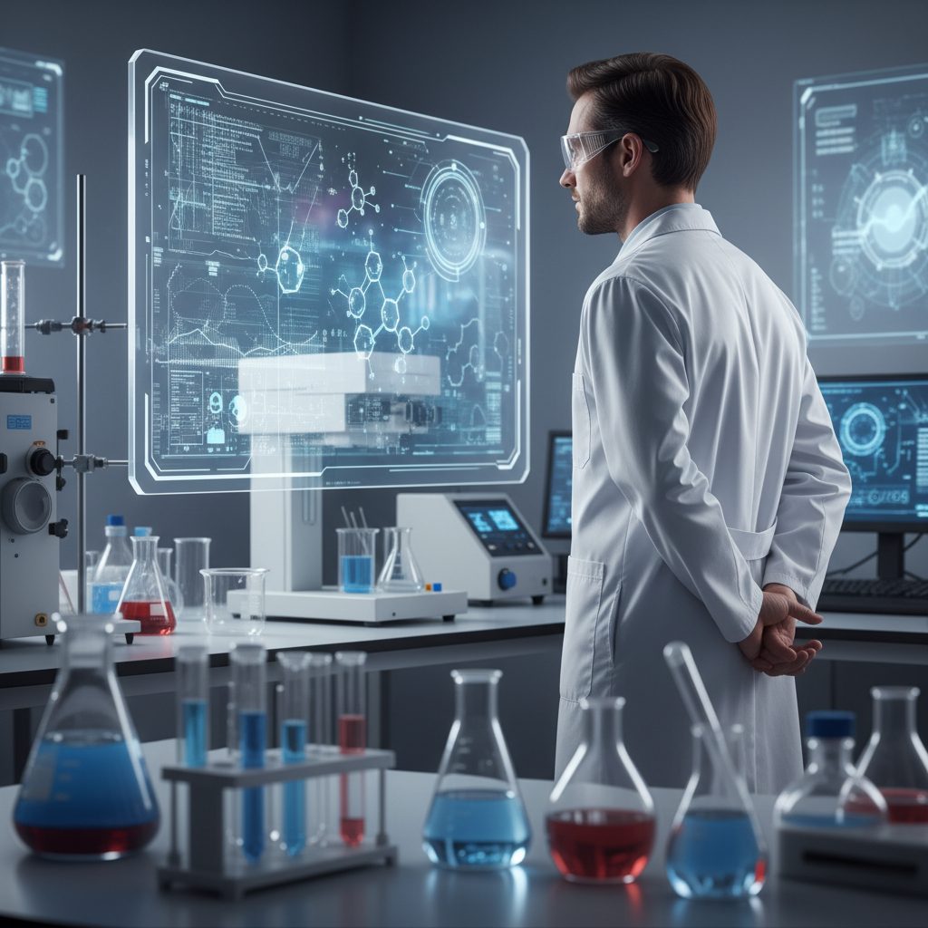 An AI-driven drug discovery lab setting with complex algorithms and molecular structures displayed on screens, symbolizing the integration of AI in research.