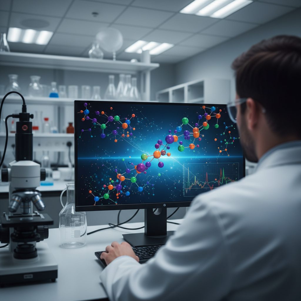 An AI-powered lab setup with glowing blue interfaces, symbolizing advanced computational discovery in a laboratory setting.