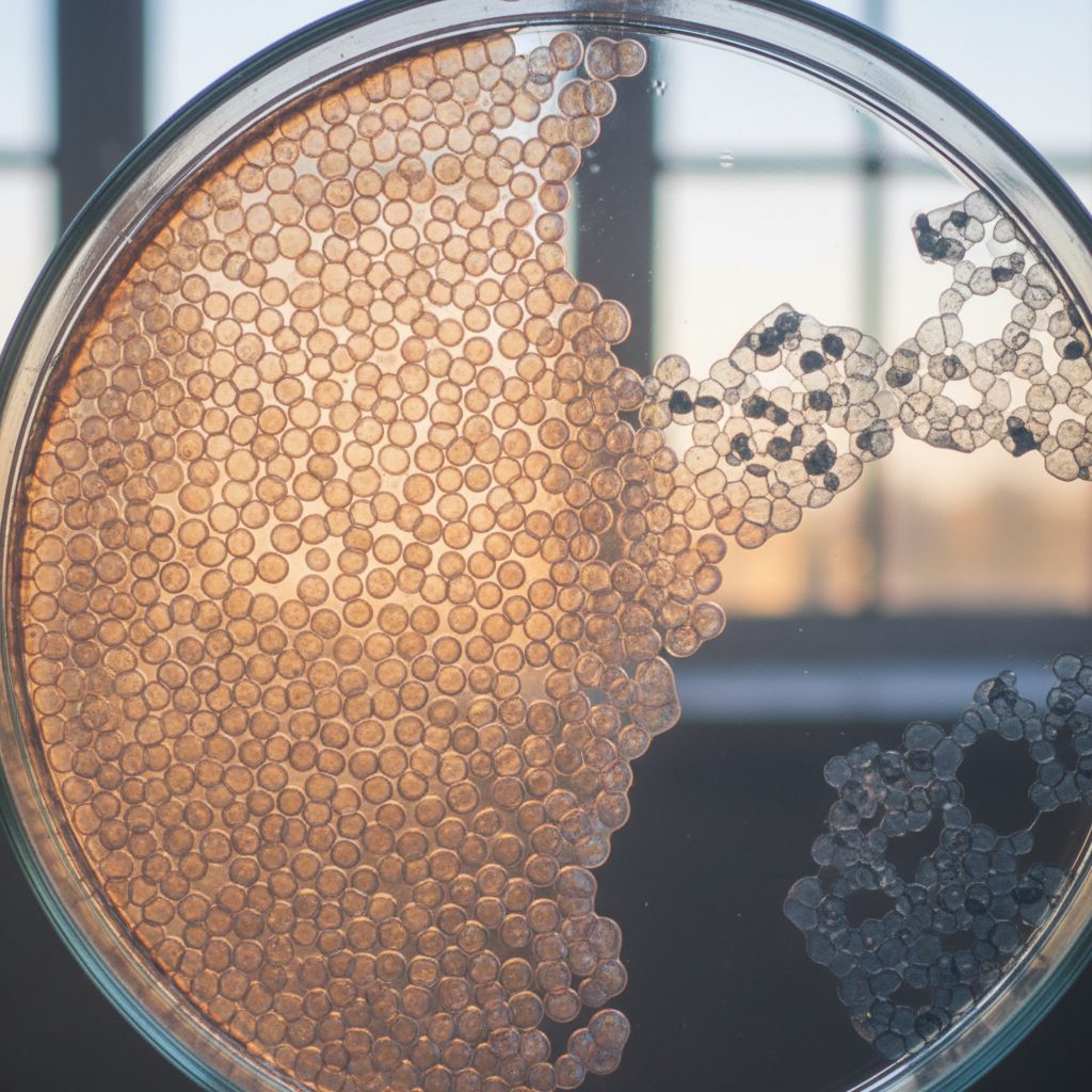 Microscopic view of cellular regeneration or peptide interaction at a cellular level