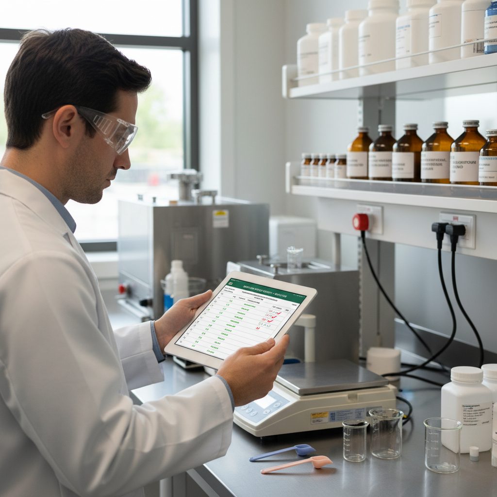 Illustration emphasizing supply chain diligence for compounding pharmacies, showing careful sourcing and quality control.