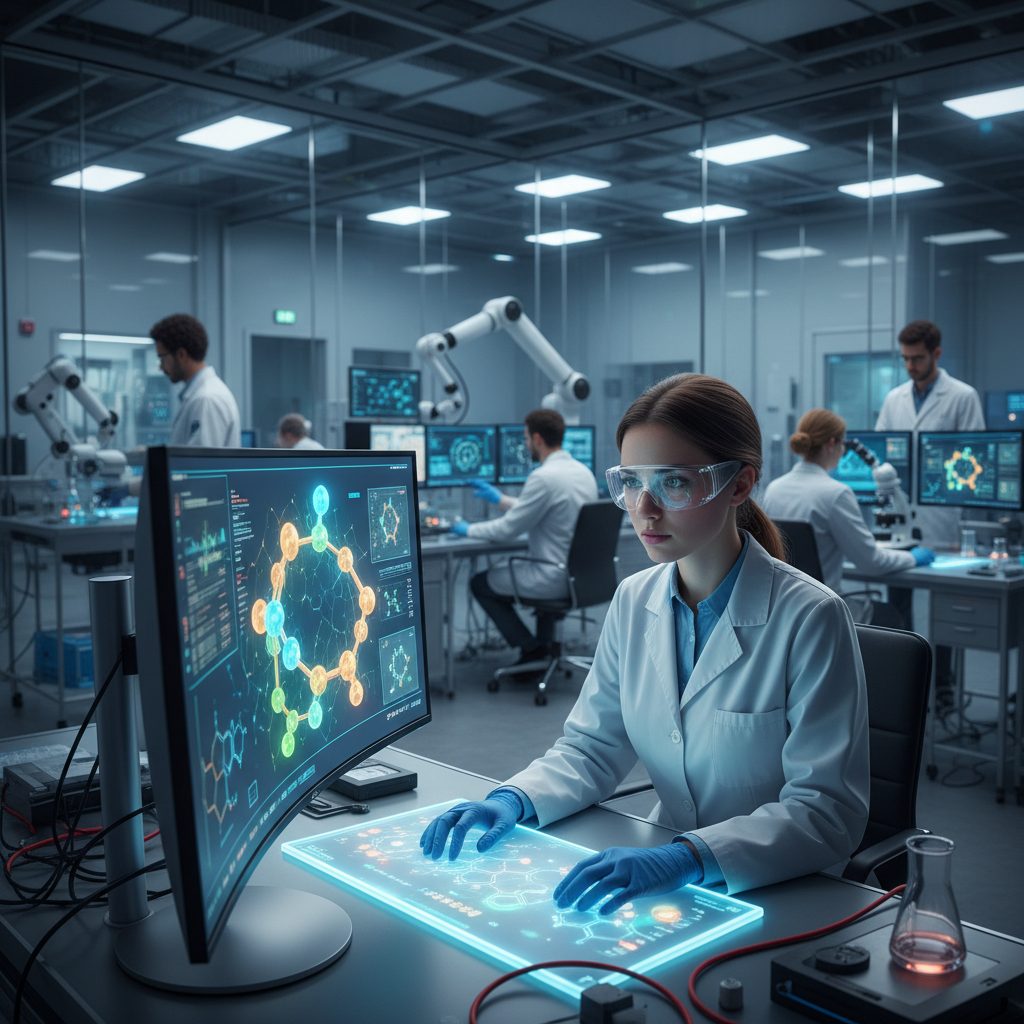 A modern computational drug discovery lab with researchers analyzing data on screens, symbolizing advanced scientific approaches in drug development.