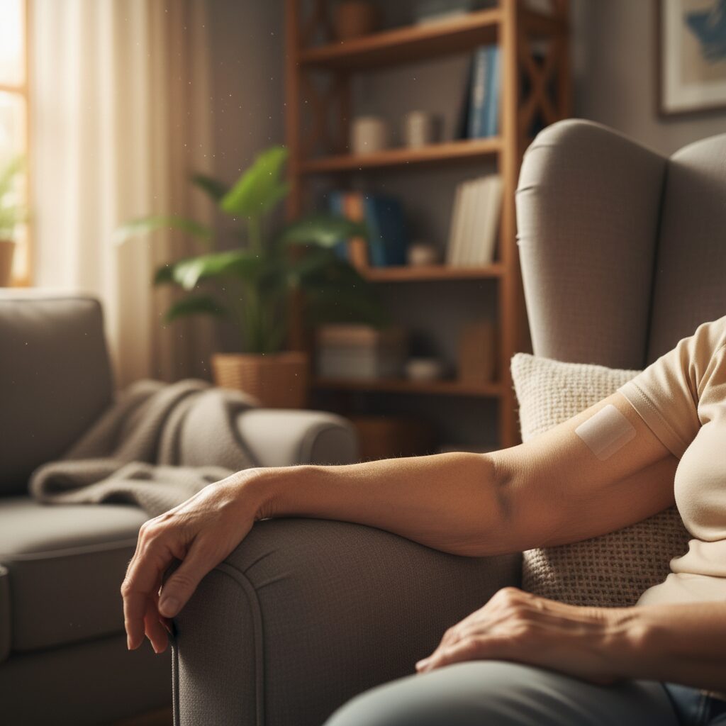 A PharmaPatch microneedle device designed for the painless delivery of therapeutic peptides in a laboratory.