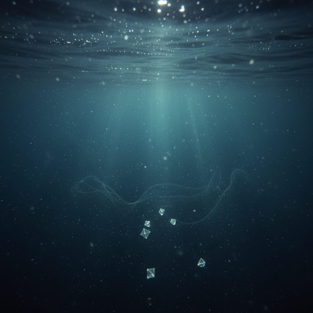 Artistic rendering of Saturns moon Enceladus, showing plumes of water vapor erupting from its icy surface, suggesting an active subsurface ocean containing phosphates.