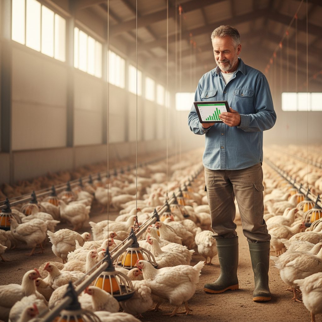 Farmer inspecting a healthy, uniform flock of broilers, signifying profitability and success