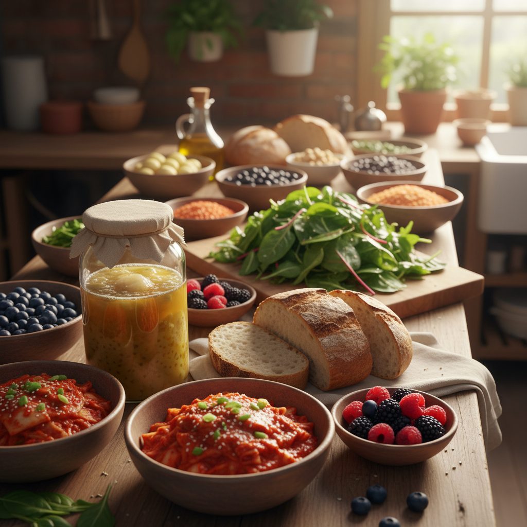 A vibrant display of fiber-rich foods like whole grains, fruits, and vegetables alongside various fermented foods such as kimchi, kefir, and yogurt, illustrating a 'fibermaxxing' and fermented feast.