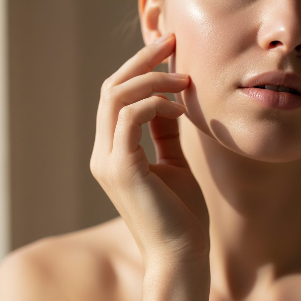 A hand gently touching smooth, radiant skin, illustrating the gentle yet effective results of peptides.