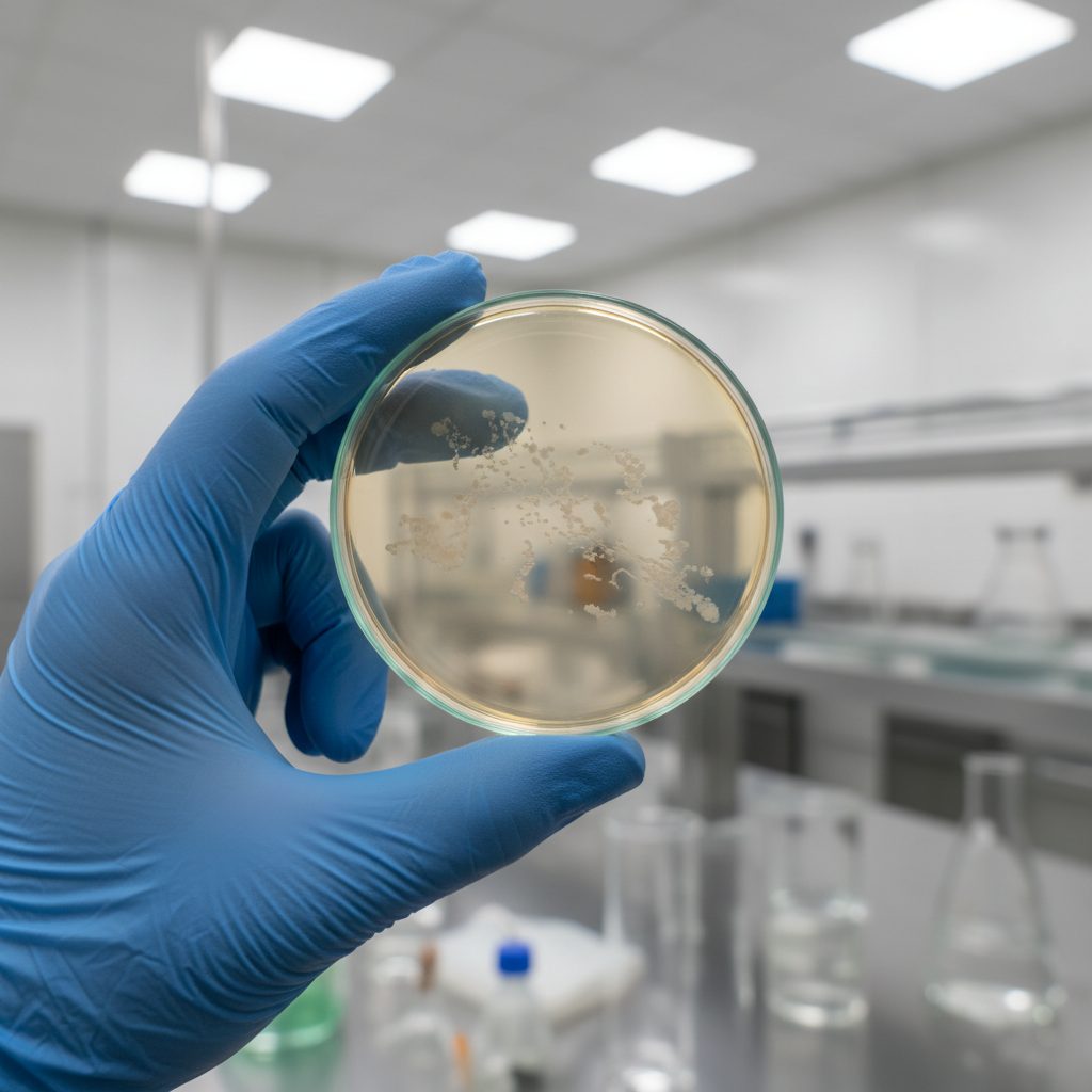 Gloved hand holding a petri dish with bacterial growth