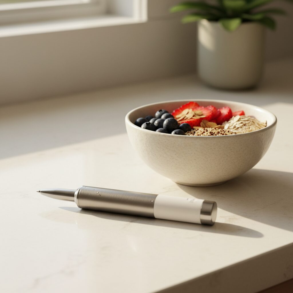 GLP-1RA use in conjunction with lifestyle management, illustrating a person exercising and eating healthy. GLP-1 eye health