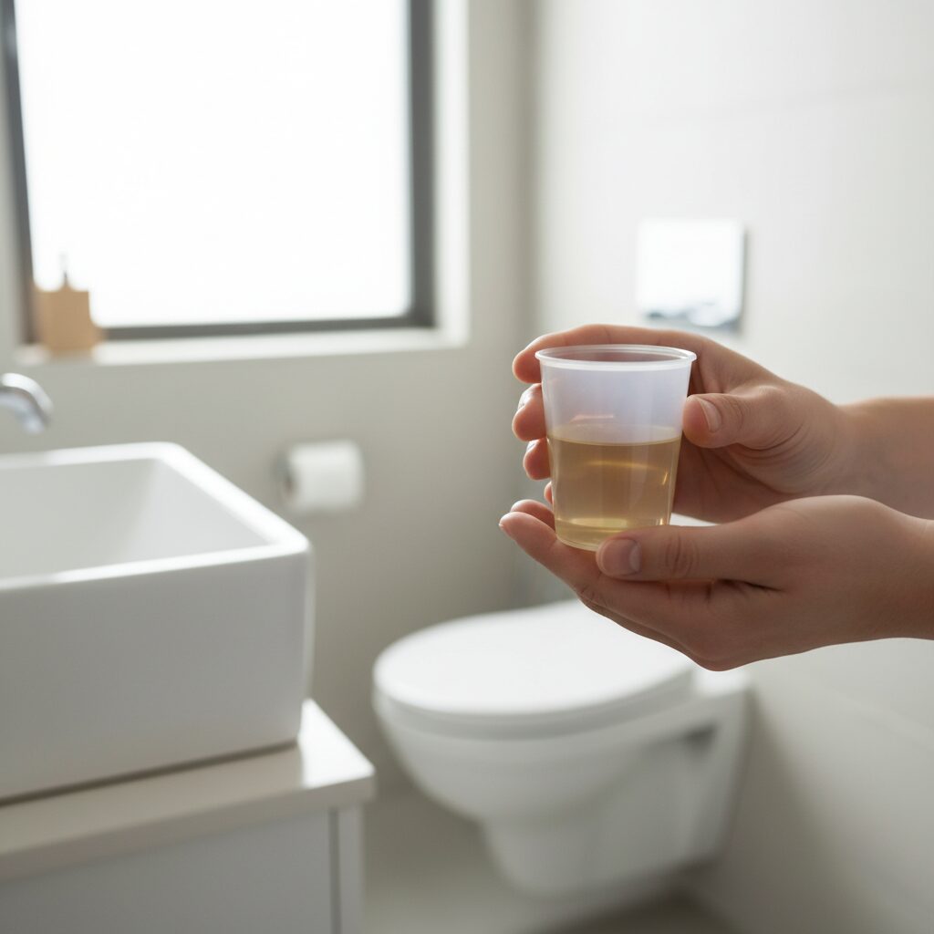 A person holding a urine collection cup, emphasizing ease and home use.