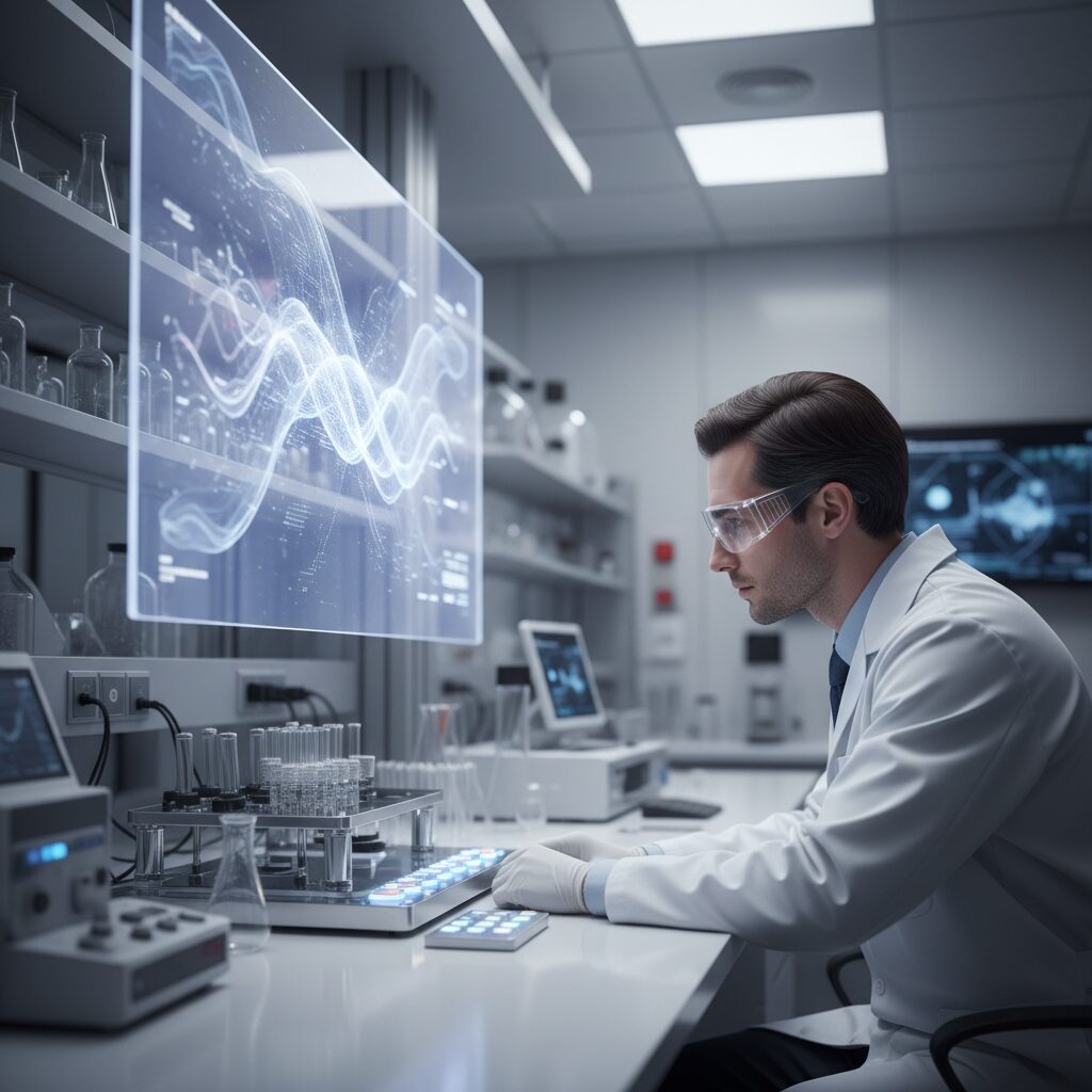Image of a hybrid quantum-classical computing lab setup with intricate wiring and components.