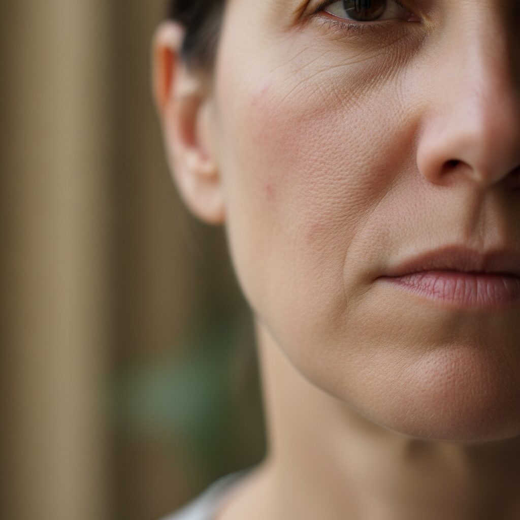 Close-up of irritated, red, and sensitive skin on a face skin microbiome and peptides.