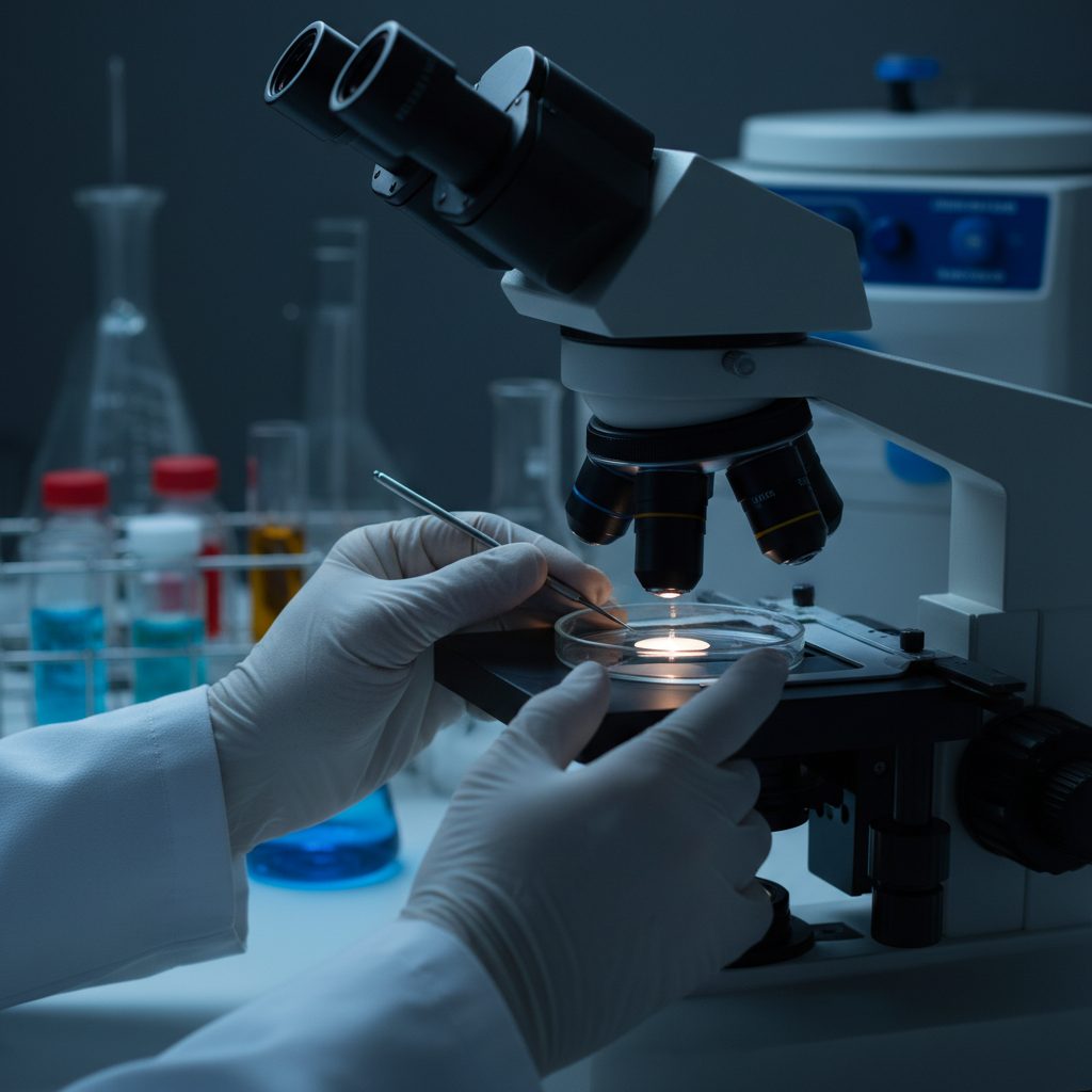 Scientists working in a lab with precise instruments, representing peptide development.