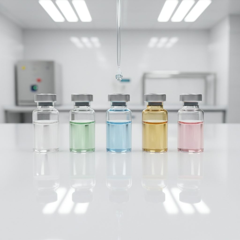 Lab vials and scientific equipment, symbolizing peptide discovery and research. Peptides for Skin