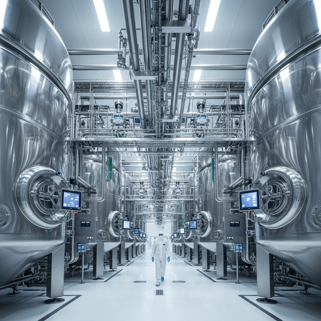 Large-scale bioreactor fermentation facility, demonstrating high-volume biomanufacturing capabilities