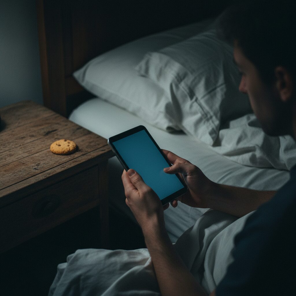 Person using a screen in bed late at night metabolic health lifestyle
