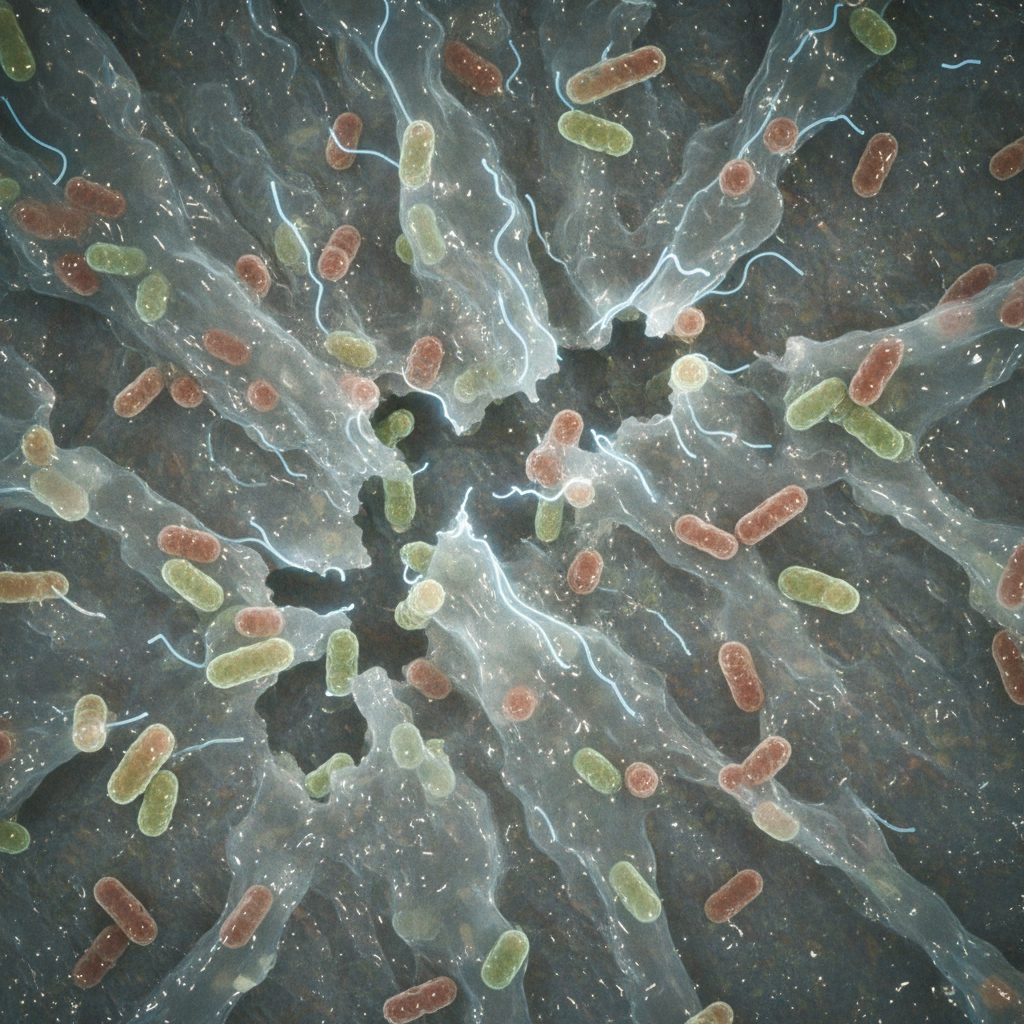 Illustration of LL-37 peptide disrupting a bacterial biofilm, breaking apart the protective matrix and bacteria