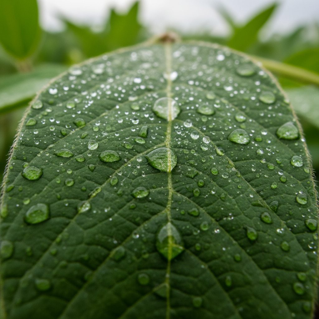 Macro shot of a leaf, showing water droplets or a mechanism for water retention, symbolizing the plant's ability to conserve moisture through stomata closure. CLE5p peptide drought