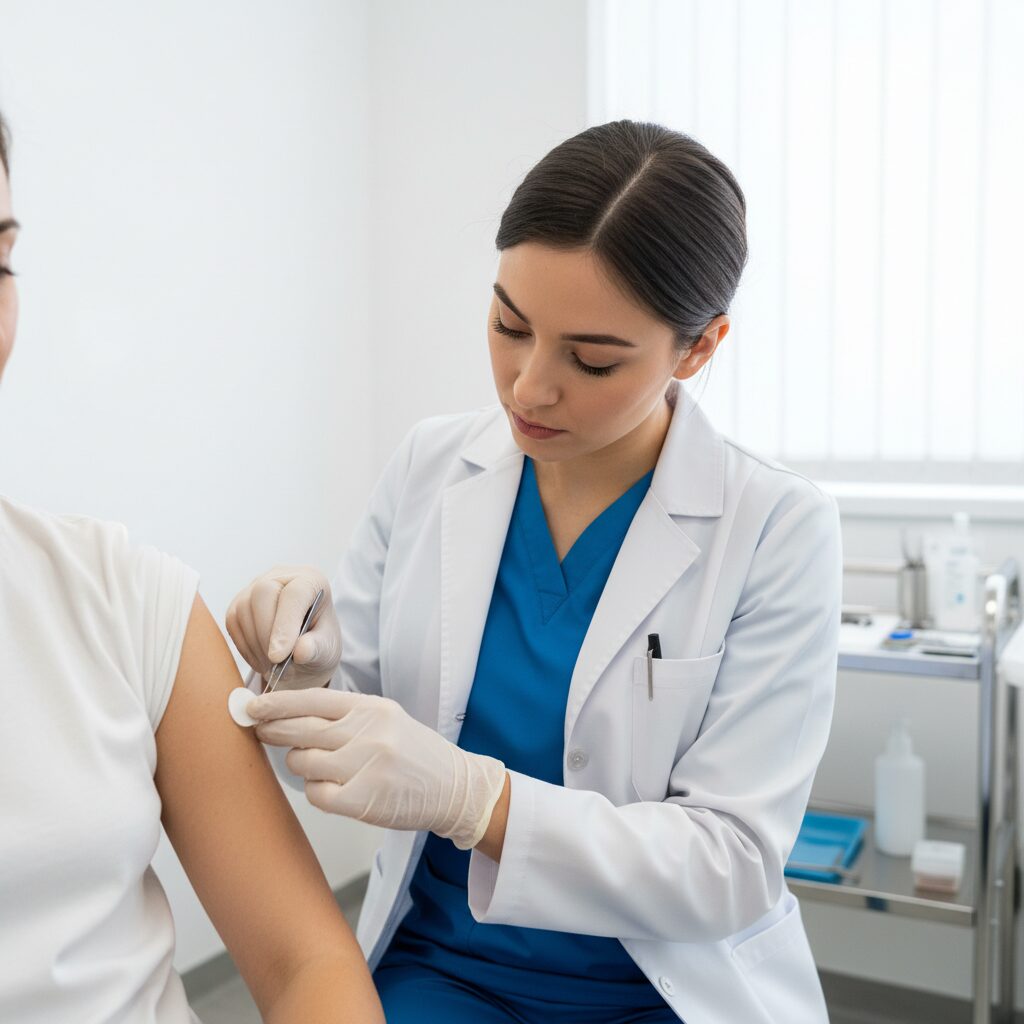 A  doctor giving injection related to Taphalgin  for acute pain management.