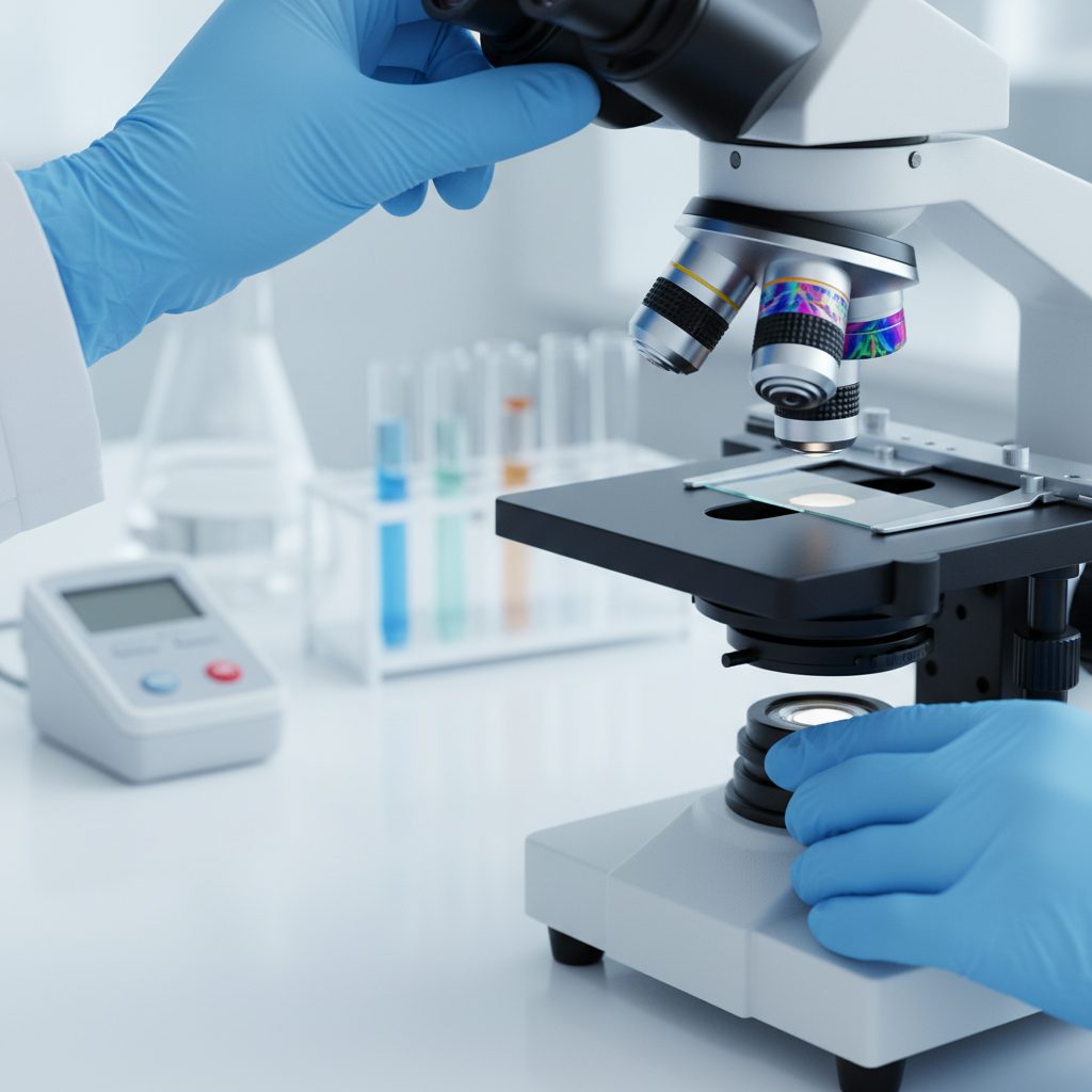 Microscopic analysis in a lab setting, possibly showing brain tissue or cellular processes under investigation. CAQK peptide TBI