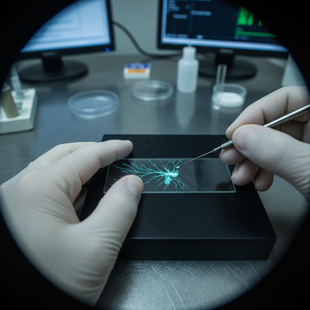 Microscopic image showing complex neural connections being traced in a fruit fly brain.