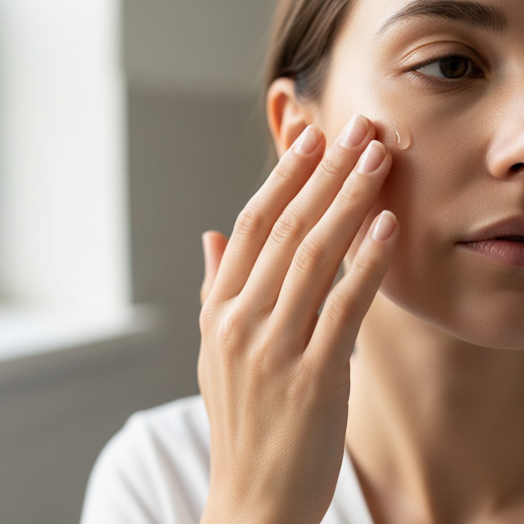 Person applying a skincare product to their face with care and focus, emphasizing a mindful routine.