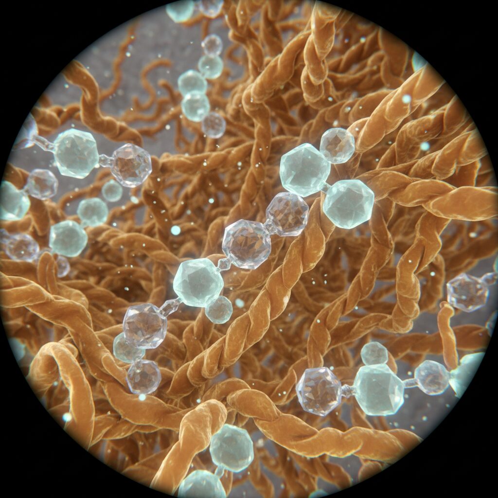 Molecular skin interaction, showing small molecules interacting with skin layers.