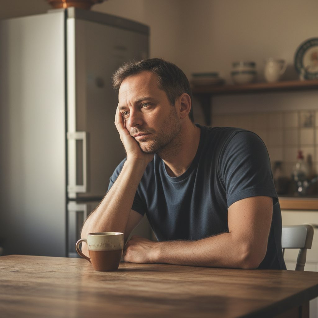 Man with head in hands, looking tired, slumped over a table. testosterone gains