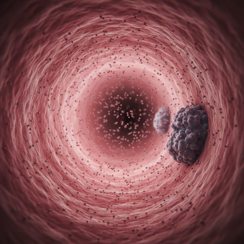 Illustration of nanoparticles flowing through blood vessels, representing efficient systemic circulation for IV drug delivery