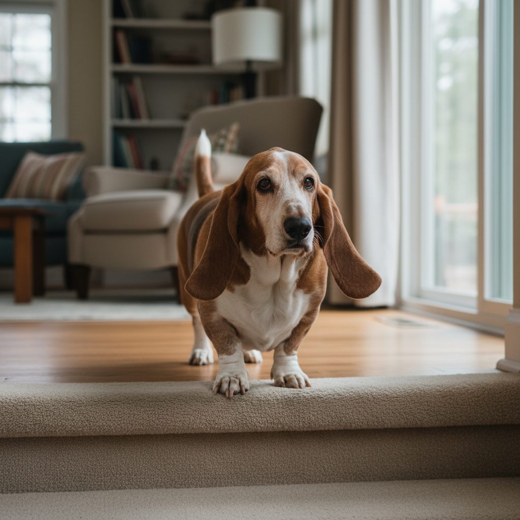 An older dog comfortably walking up stairs, symbolizing improved mobility.