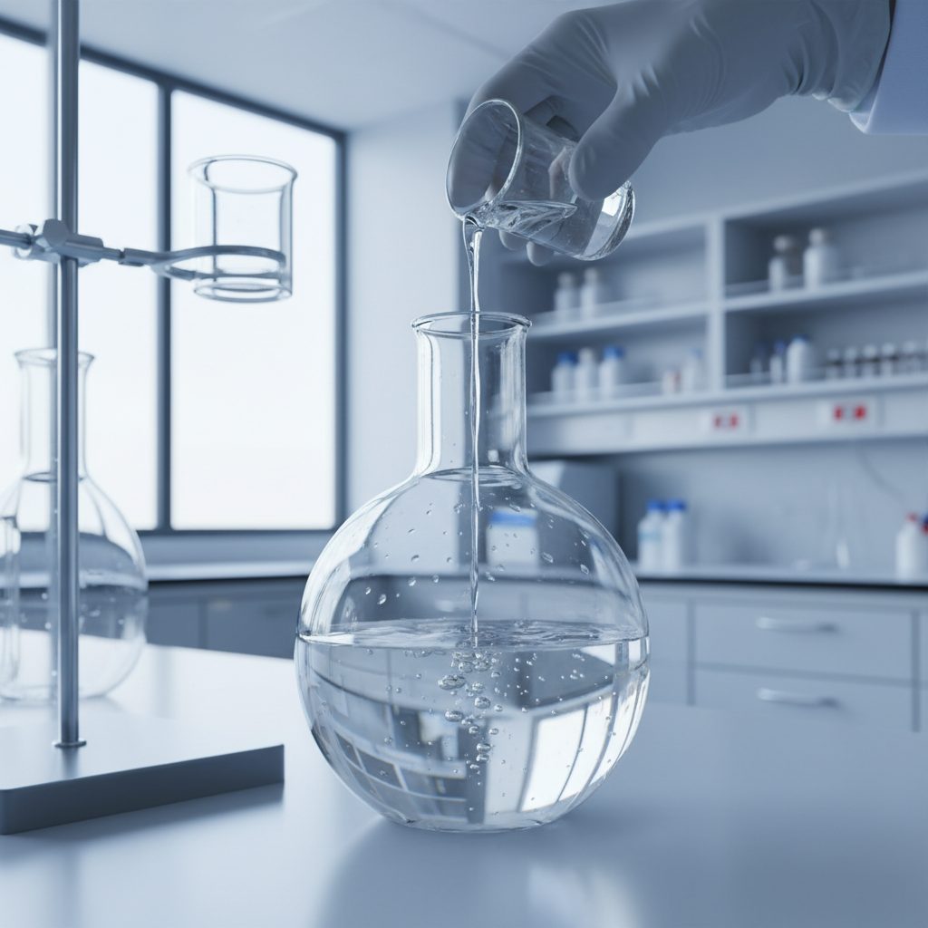 Illustration of a one-pot aqueous synthesis setup, depicting reactants combining in a single vessel with water as solvent. Tiny Thiazole Titan