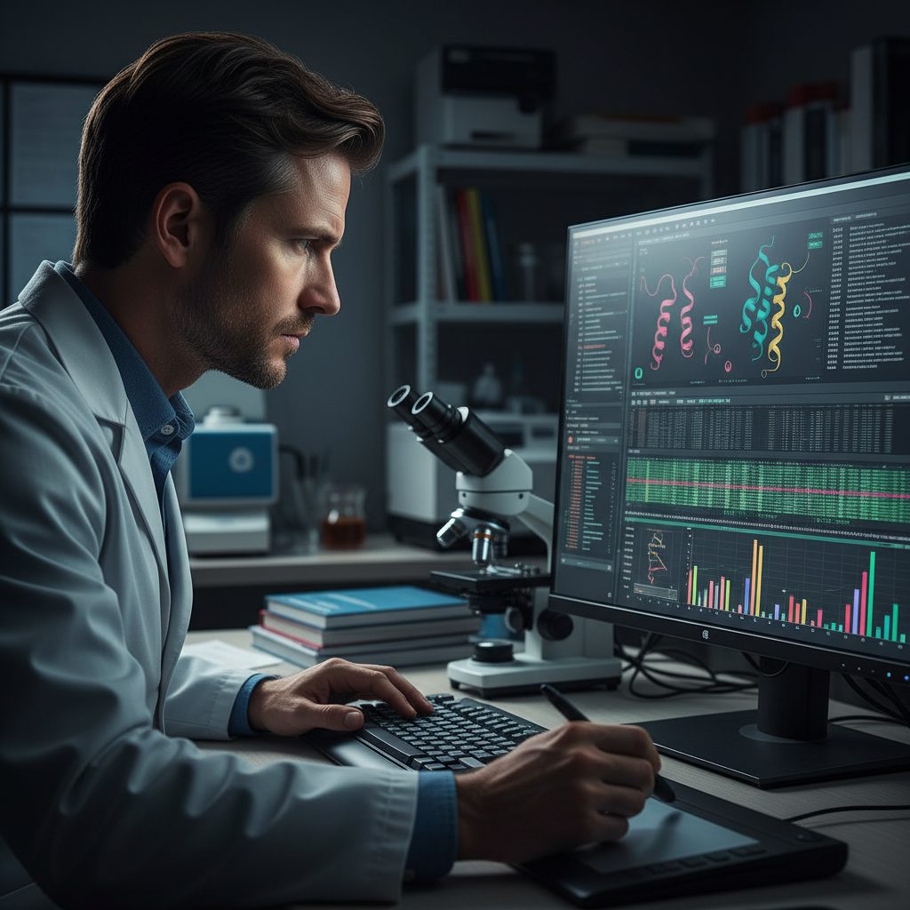 Researcher interpreting data with PeptAffinity