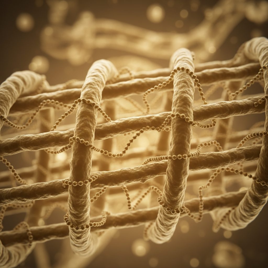 Illustration showing peptides signaling skin cells to produce collagen
