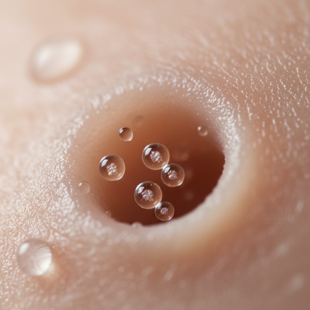 Illustration of peptides being delivered through a skin pore, highlighting their ability to penetrate the skin's surface. peptides for skin