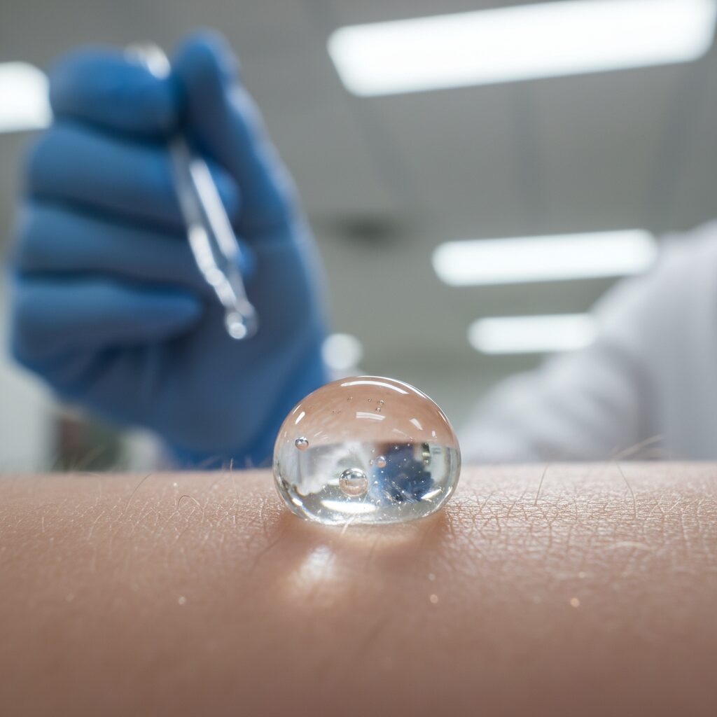 A molecular diagram of the OS-01 Peptide showing its impact on senescent skin cells and DNA repair.