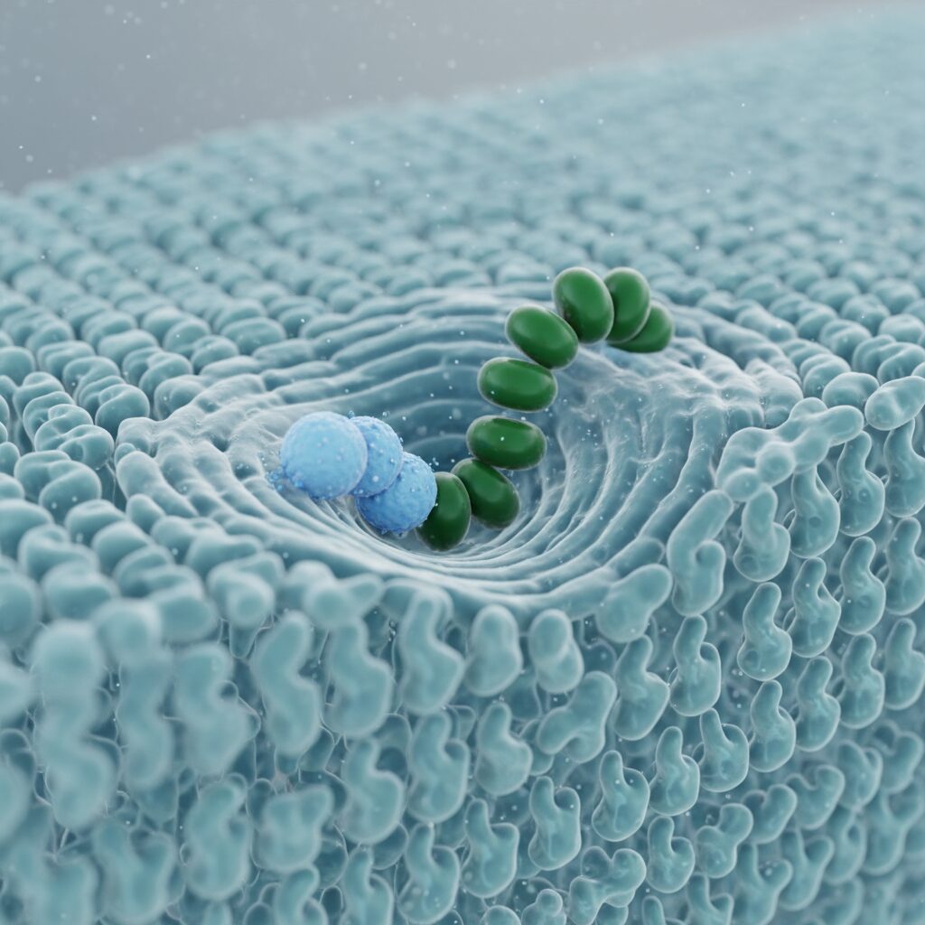 Peptide Membrane Disruption: Oncolytic peptides interacting with and disrupting a cell membrane to induce lysis