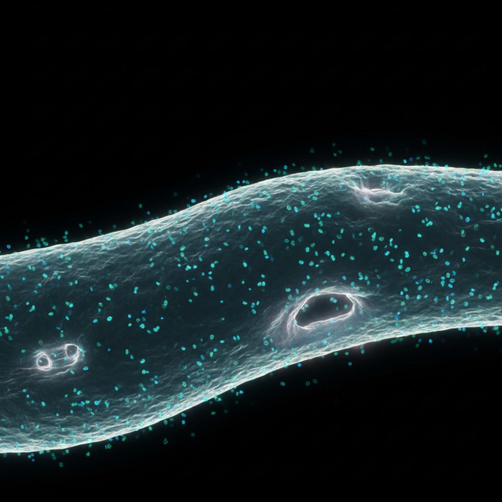 Illustration of peptides interacting with a cell membrane
