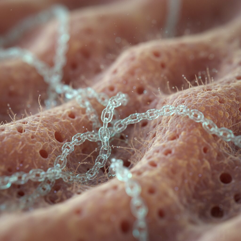 Illustration showing how smaller peptide molecules can penetrate the skin more effectively than larger protein molecules.