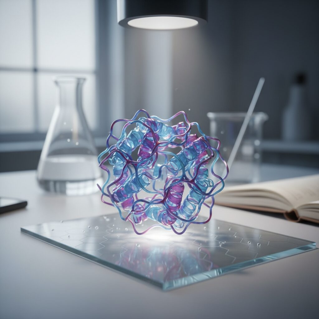 A PharmaPatch microneedle device designed for the painless delivery of therapeutic peptides in a laboratory.