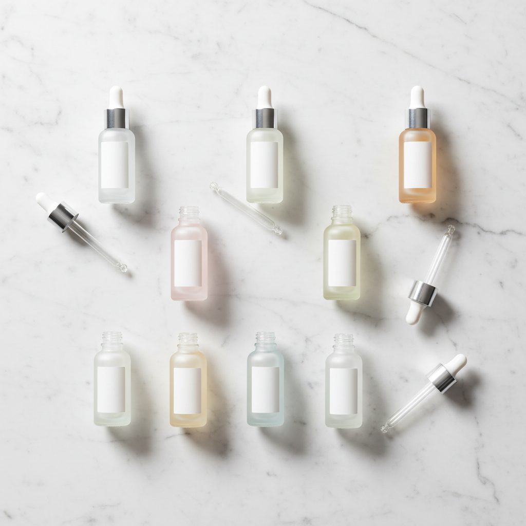 An organized display of various skincare products like serums and droppers, representing a peptide stacking routine