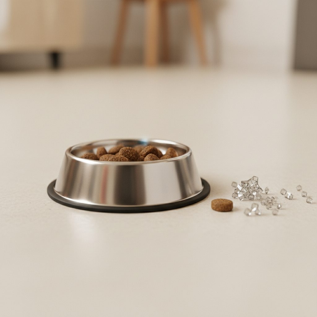 Pet food with scientific elements, representing peptide research in pet nutrition. Peptides Senior Pets