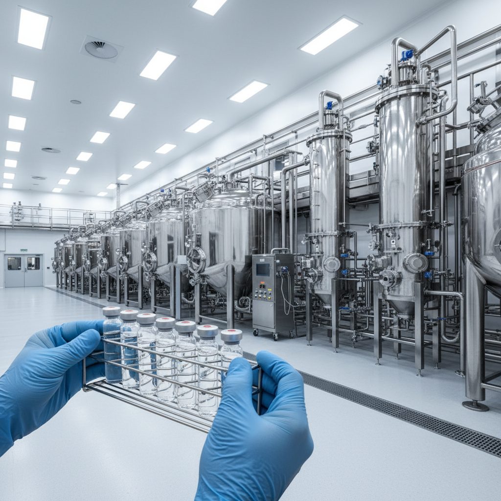 Industrial facility with large bioreactors and equipment, representing pharmaceutical scale-up production.