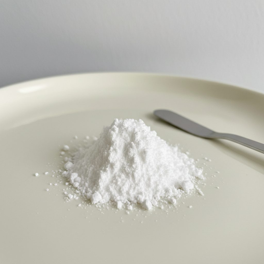 A white powder, labeled as 'Powdered Peptide Complex', highlighting its market dominance and stability in skincare formulations.