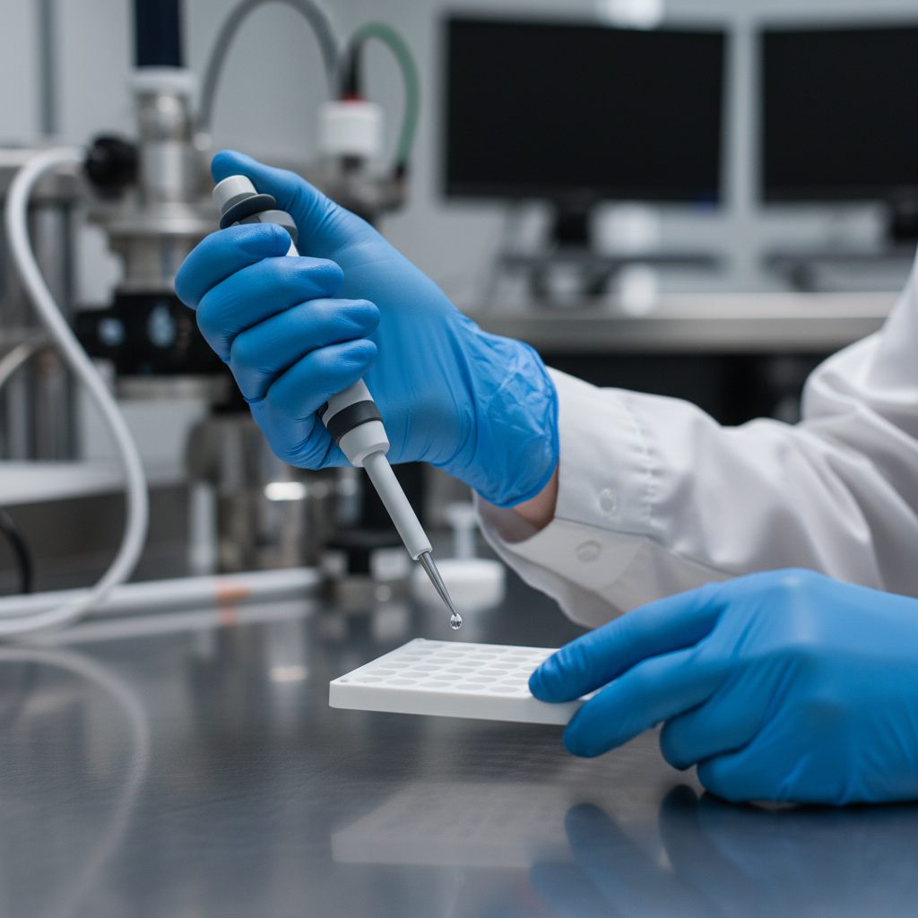 A scientist in a lab coat precisely pipetting a liquid into a test tube, demonstrating precision lab work.