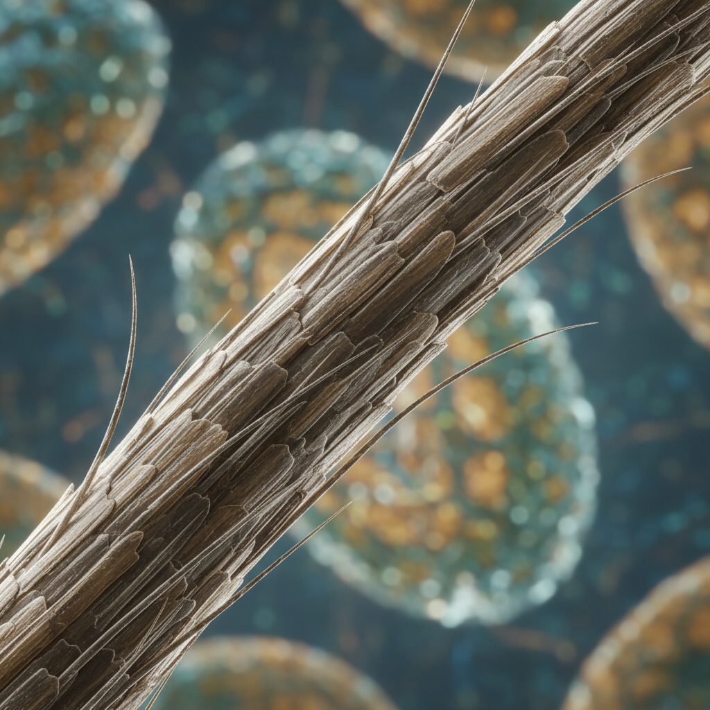 A close-up, magnified view of human hair strands, showcasing their intricate protein-based structure.