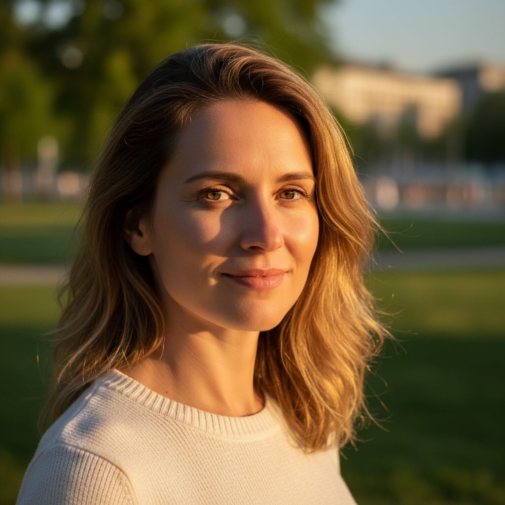 A woman with visibly radiant and smooth skin, smiling confidently, symbolizing  P-Tiox Serum Review product for smooth skin.